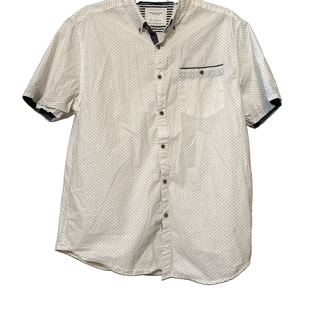 Denim & Flower Ricky Singh Mens Large White Navy Polka Dot Button Up